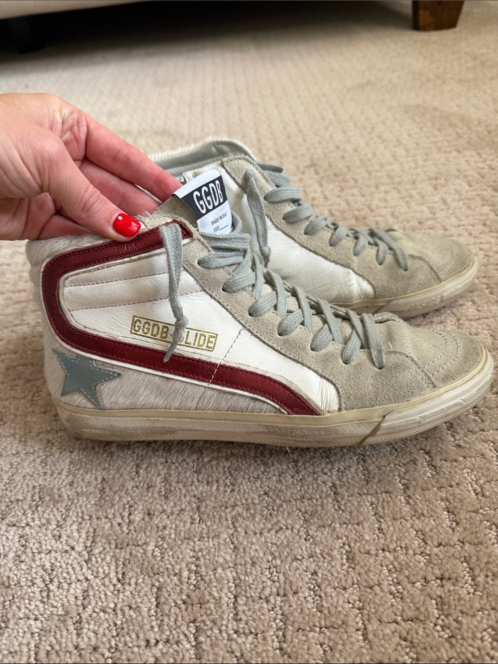 Golden Goose High-Top Sneakers in White, Gray & Red - Picture 3 of 4